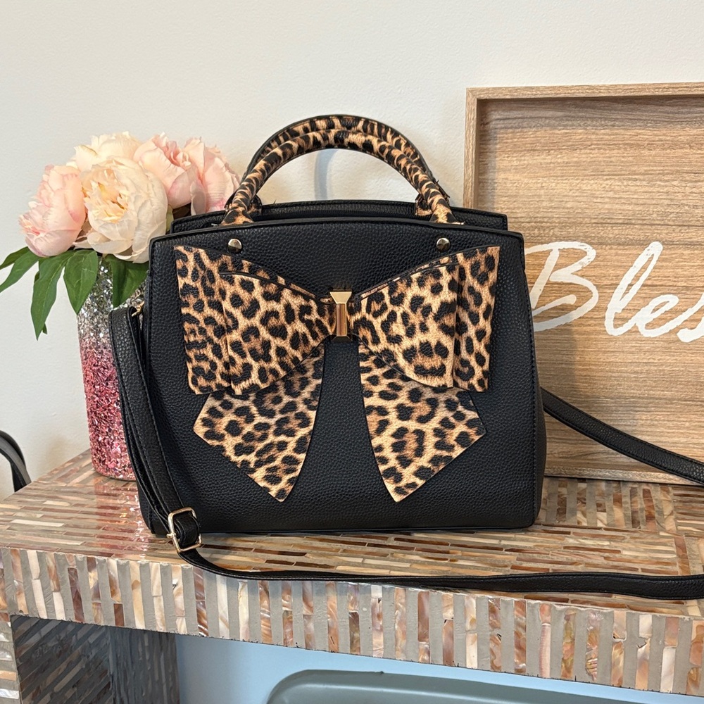 Leopard Bow Black Handbag